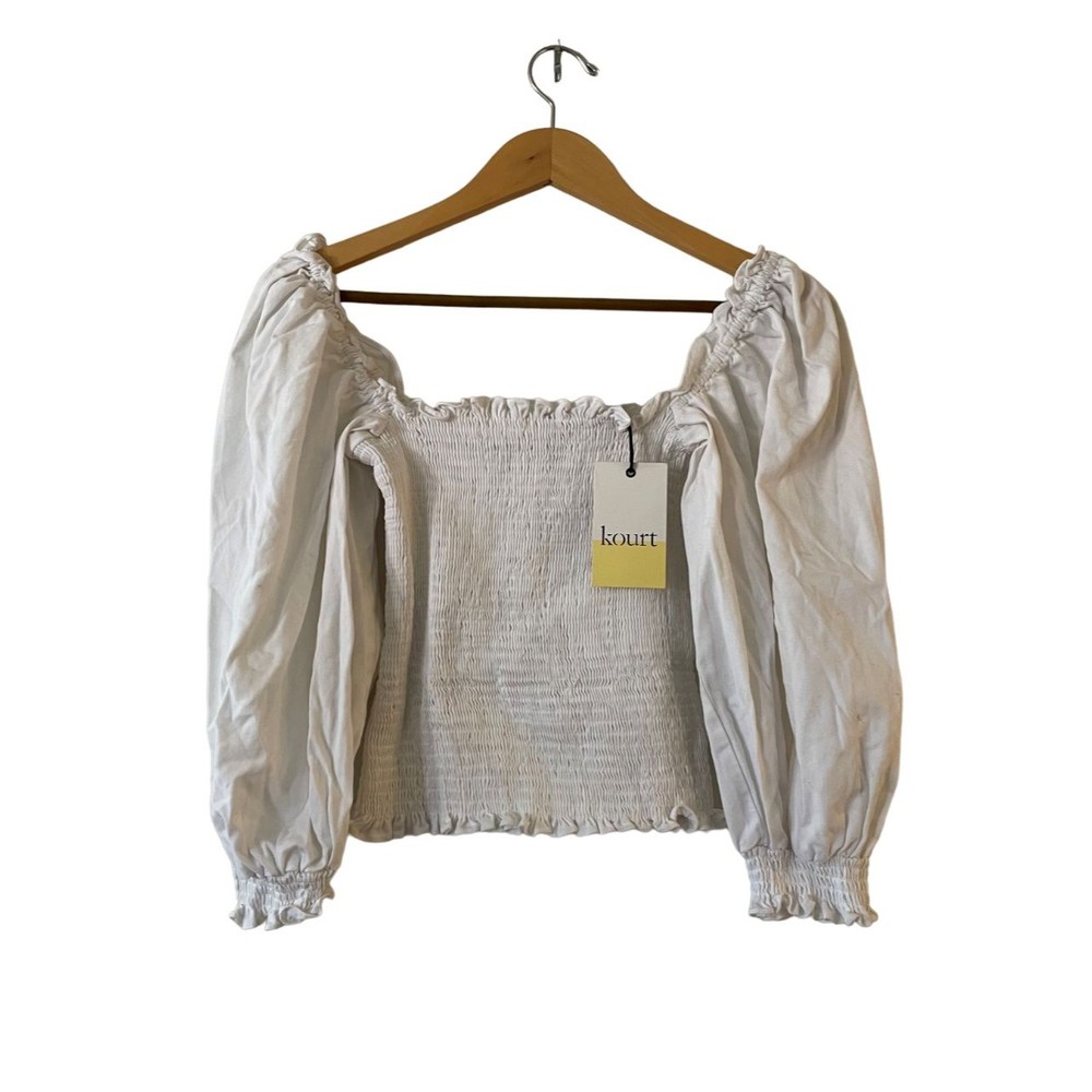 Kourt Smocked Puff Sleeve Blouse Crop Top Size L White Womens 3/4 Sleeve NWD